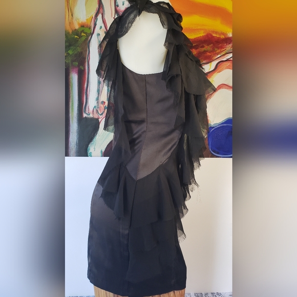 Shiny Jet Black off the shoulder raw edge ruffle assymetrical satin mini dress - Picture 2 of 11